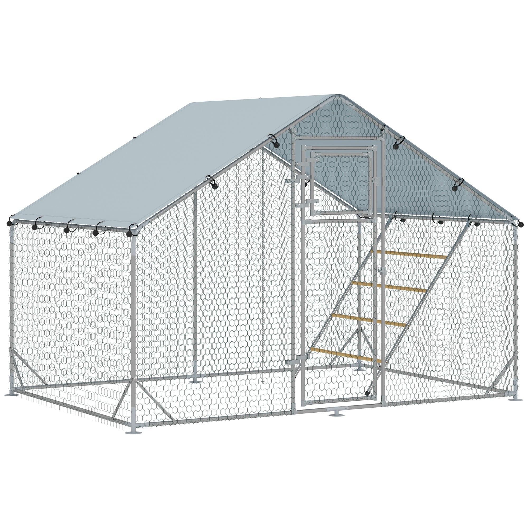 PawHut Walk-in Chicken Run w/ Cover, Feeding Door, Hanging Feeder, Perch, for 6-8 Poultry