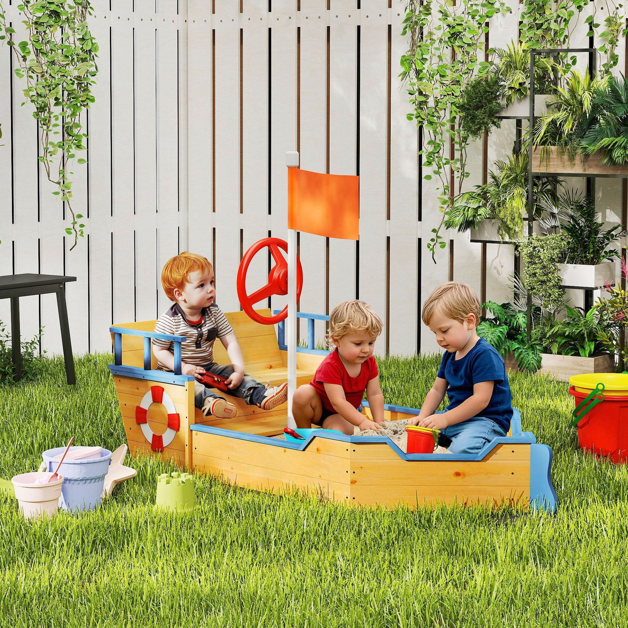 Outsunny Kids Sand Pit, Children Pirate Ship Sandbox with Bench, Bottom Liner, Seat, Natural Wood Tone