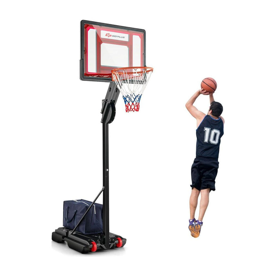 1.55-3.1M Height Adjustable Basketball Hoop with Wheels shown with a person jumping to shoot a basketball
