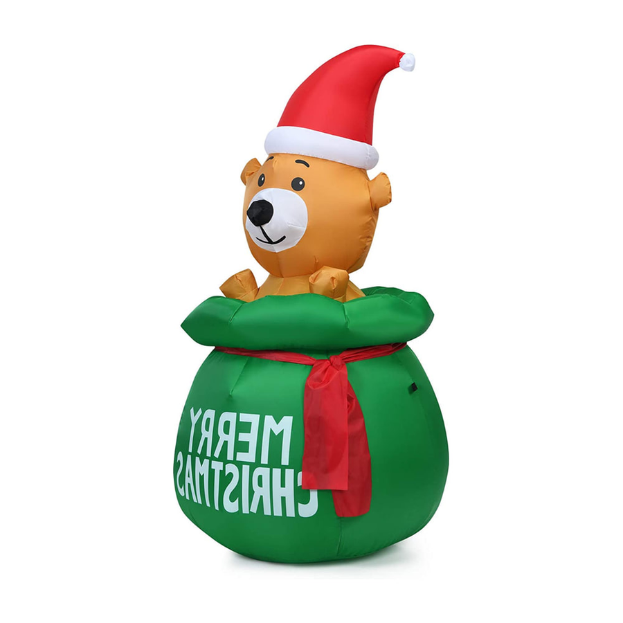 1.5M Blow Up Inflatable LED Christmas Cute Bear sitting inside a green gift sack with a red ribbon
