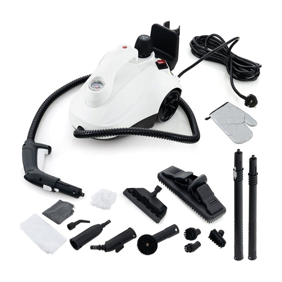 1.8L Steam Cleaner 2000W with 15 Piece Accessory Set with all attachments laid out on a white background