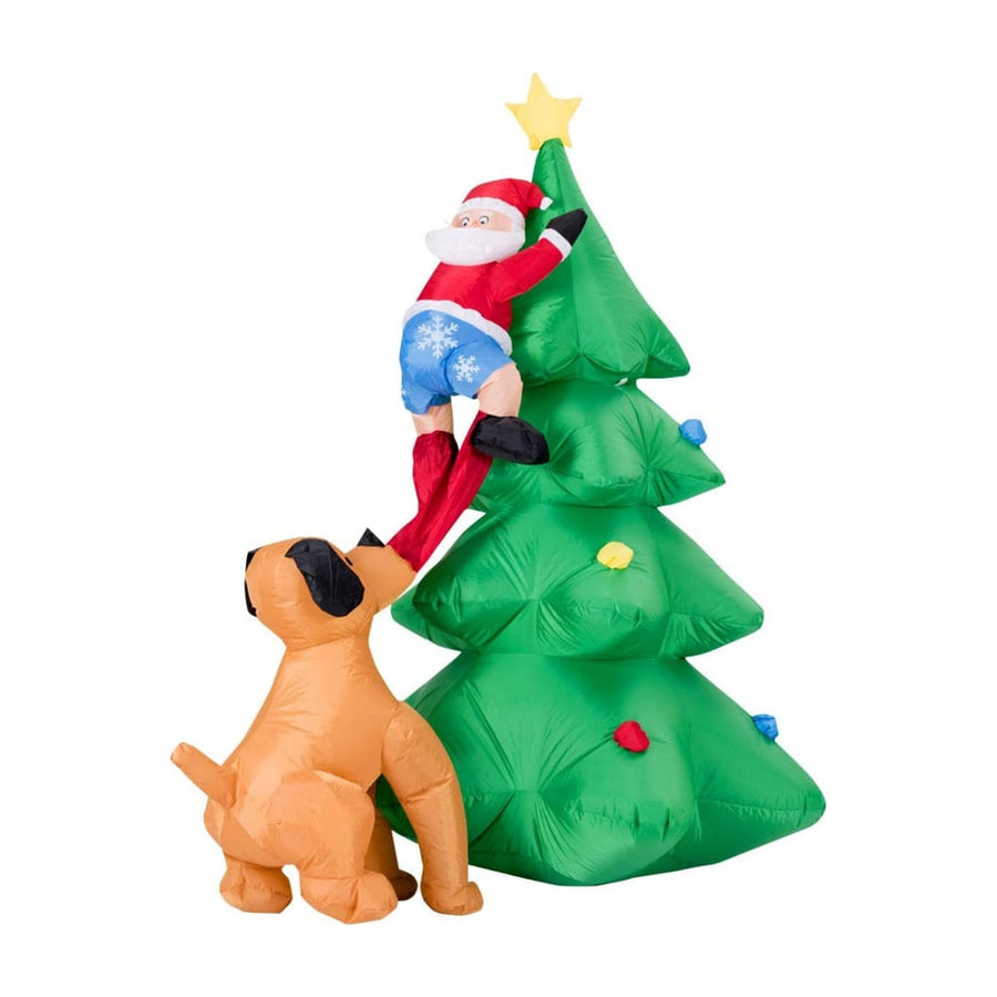 1.8m Inflatable Dog Chasing Santa to a Christmas Tree with LED Lights, a dog trying to catch Santa climbing a Christmas tree