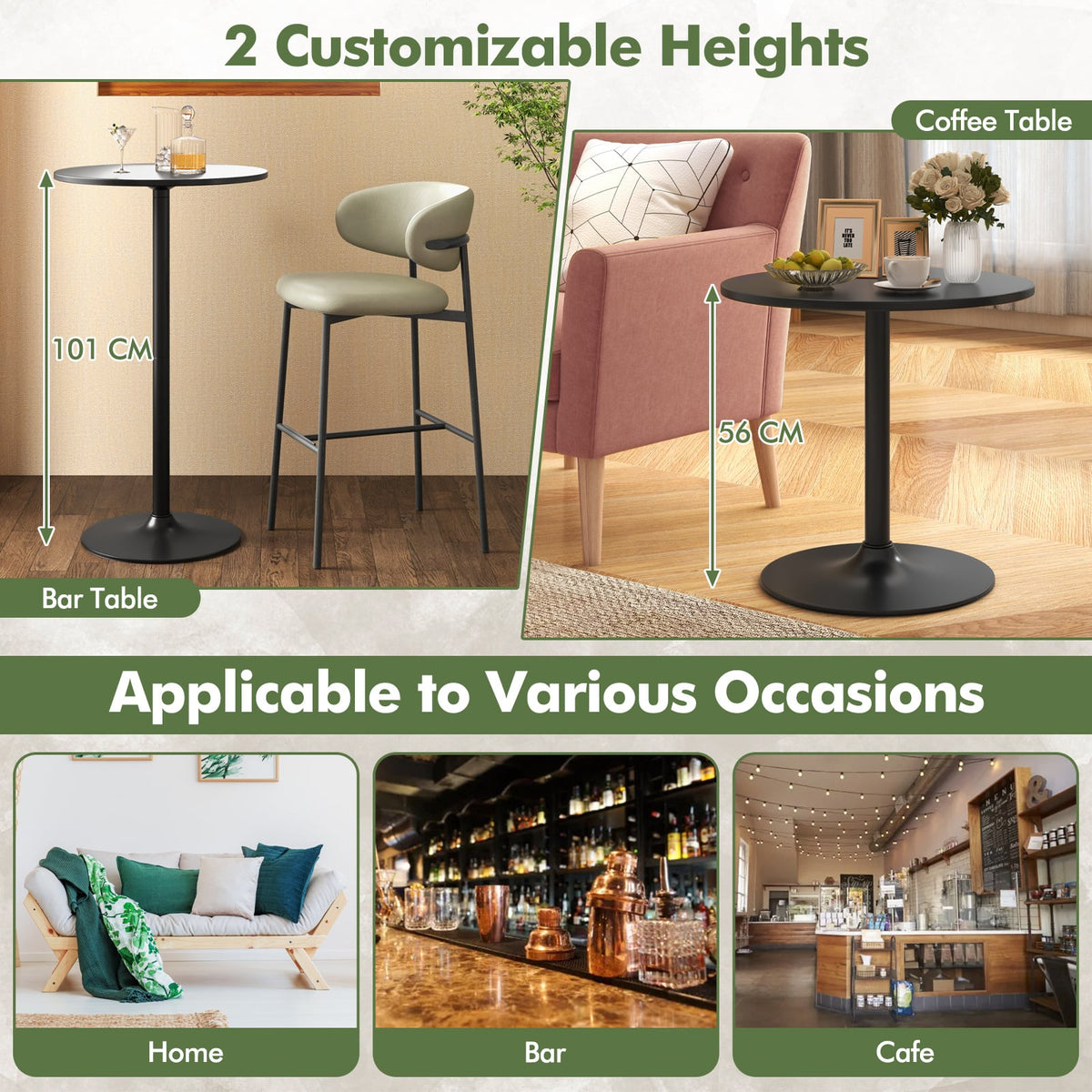 1 Piece Round Bar Table with Adjustable Height and Metal Base-Black