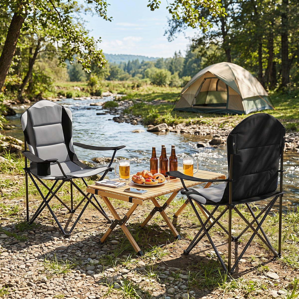 1 Pieces Folding Camping Chairs for Adults with Cup Holders-Black