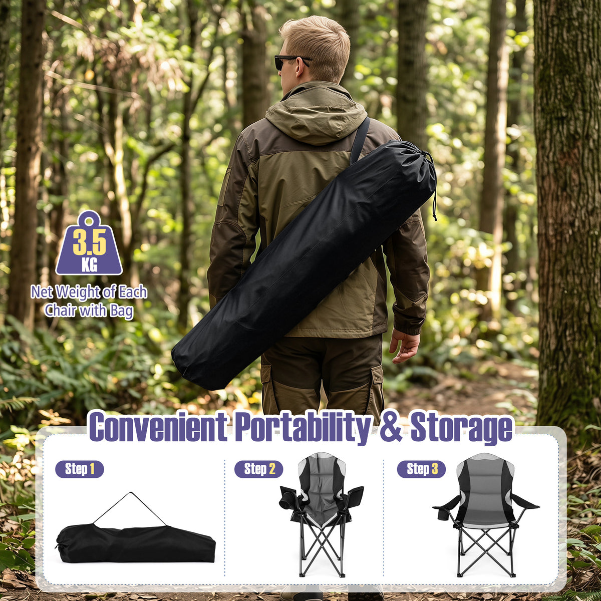 1 Pieces Folding Camping Chairs for Adults with Cup Holders-Black