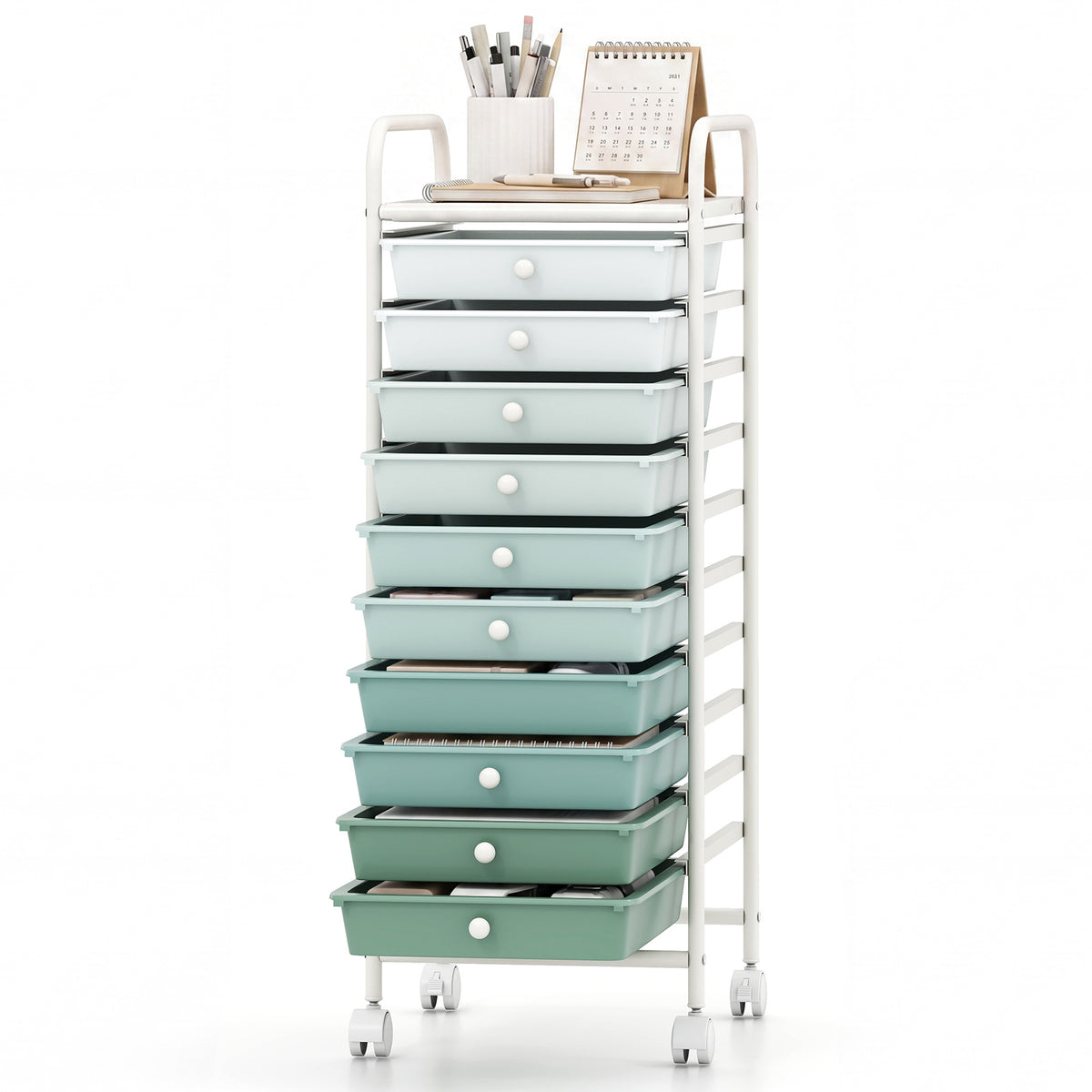 10 Drawers Mobile Storage Trolley with 4 Wheels for Beauty-Green