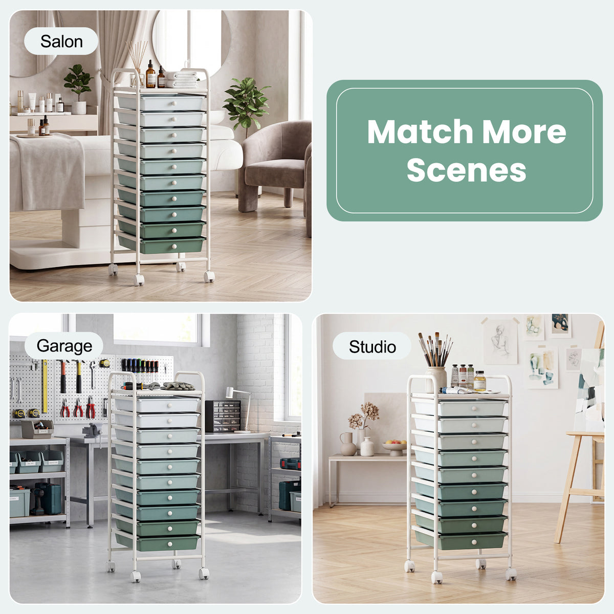 10 Drawers Mobile Storage Trolley with 4 Wheels for Beauty-Green