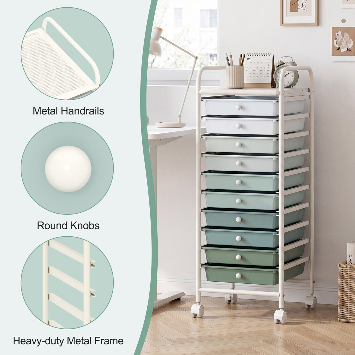 10 Drawers Mobile Storage Trolley with 4 Wheels for Beauty-Green