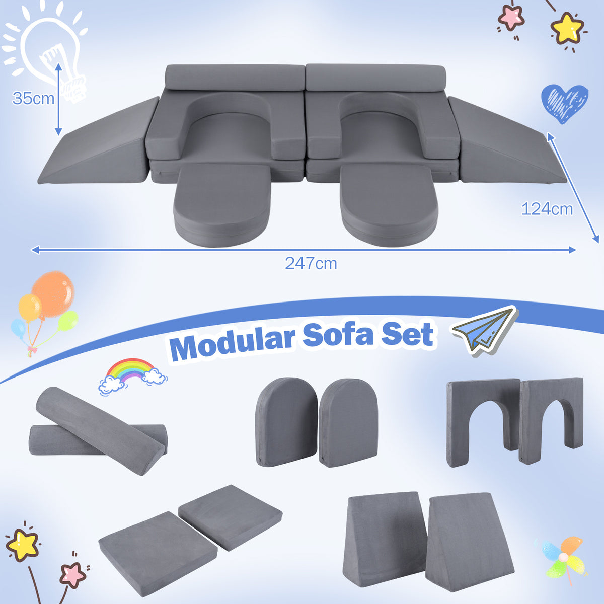 10 PCS Modular Kids Play Couch Toddler Climb and Crawl Foam Playset-Grey