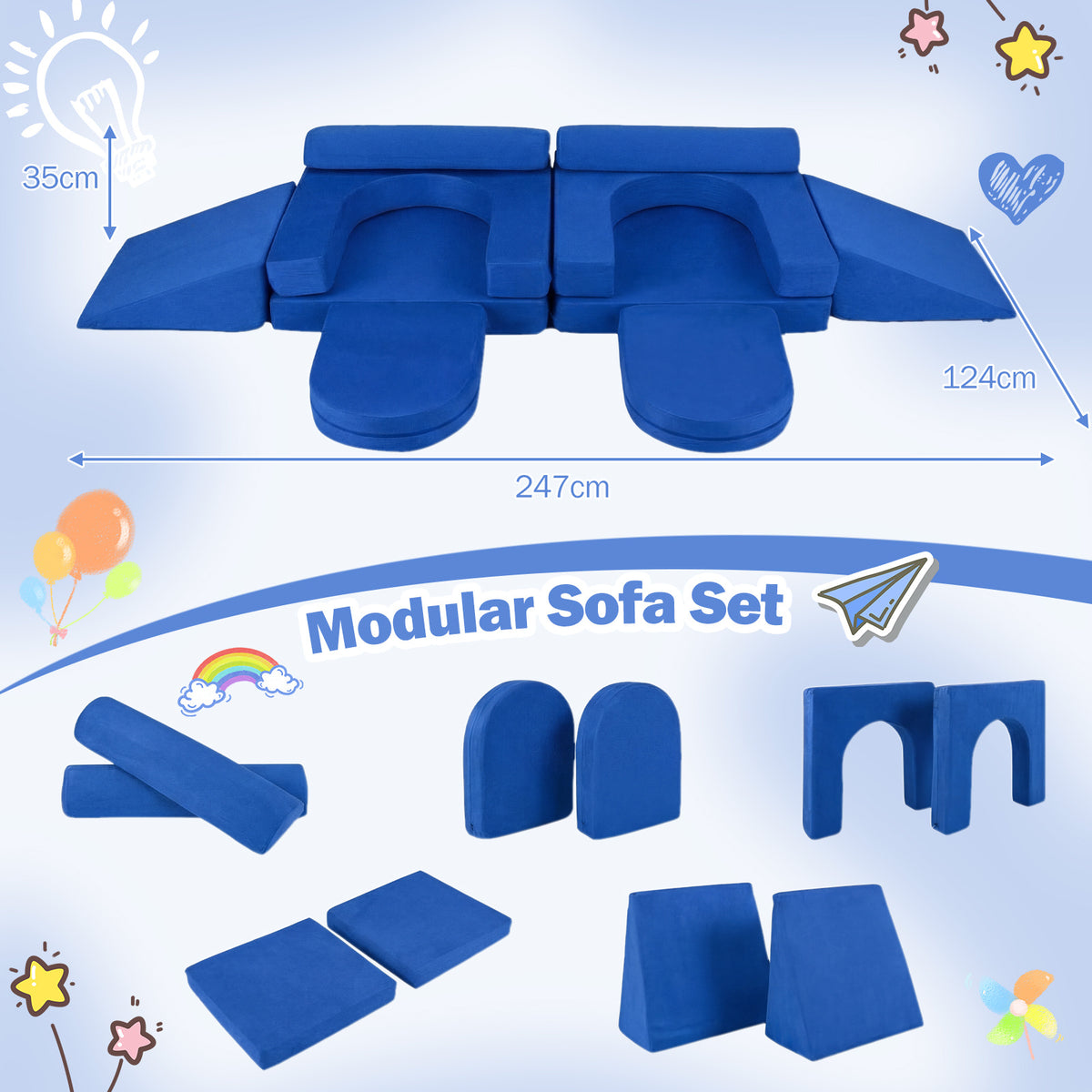 10 PCS Modular Kids Play Couch Toddler Climb and Crawl Foam Playset-Navy