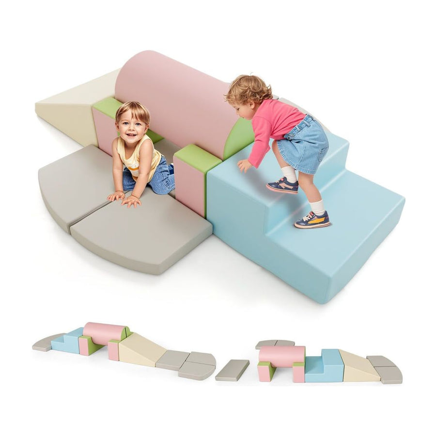 10 Pieces Foam Climbing Blocks Set with children playing on the colourful modular shapes