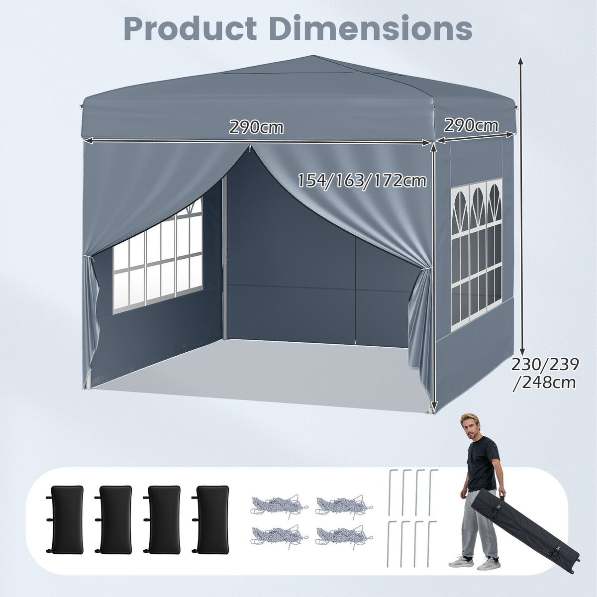 10 X 10 FT Pop up Canopy Tent Outdoor Patio Commercial Sunshade Shelter with 4 Sidewalls-Grey