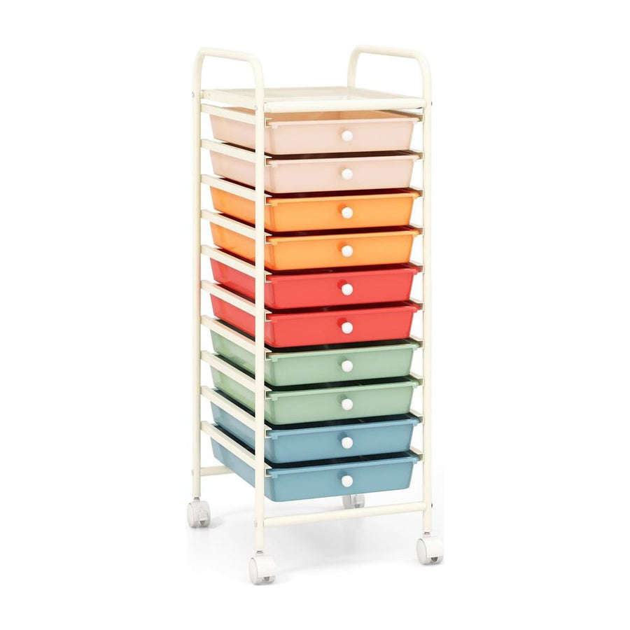 10 Drawers Mobile Storage Trolley with a white metal frame and colourful plastic drawers on wheels