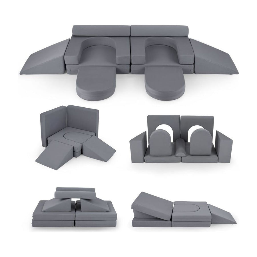 10 PCS Modular Kids Play Couch Toddler Climb and Crawl Foam Playset arranged in various configurations