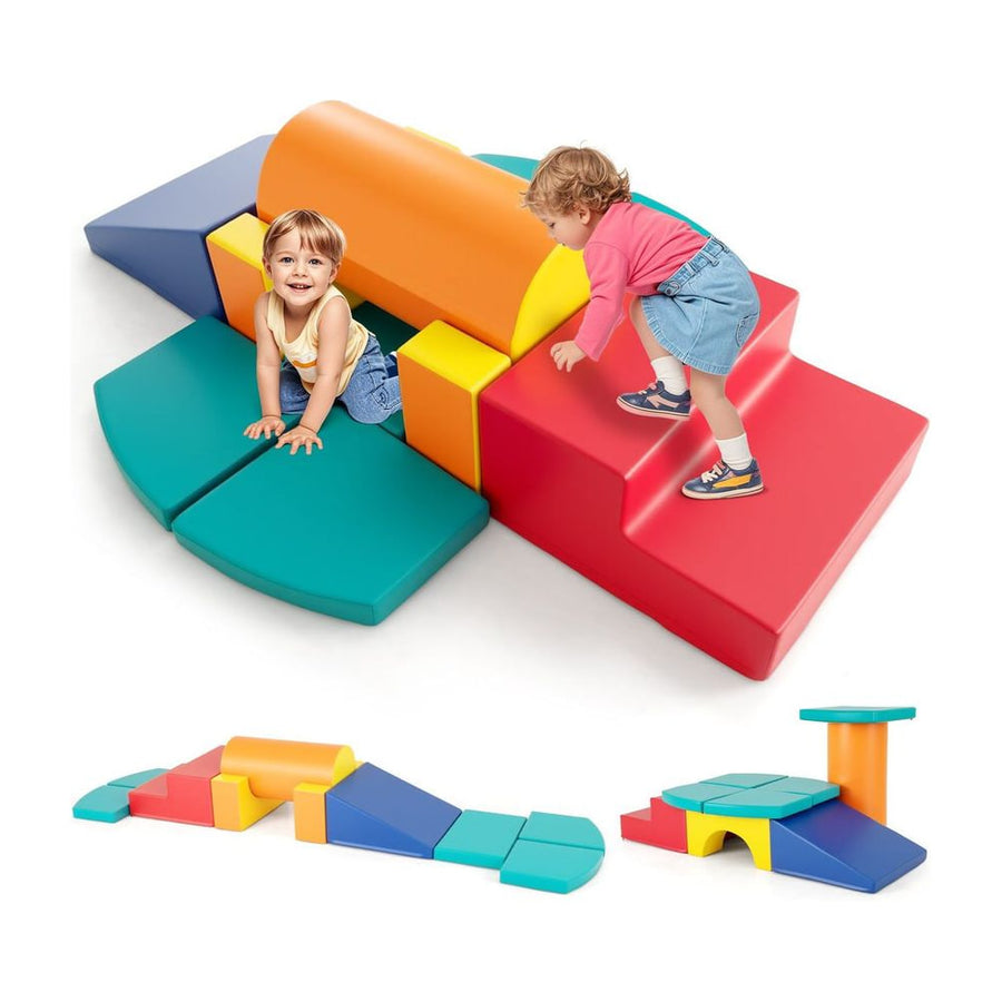 10 Pieces Foam Climbing Blocks Set with children playing on the colourful soft play shapes