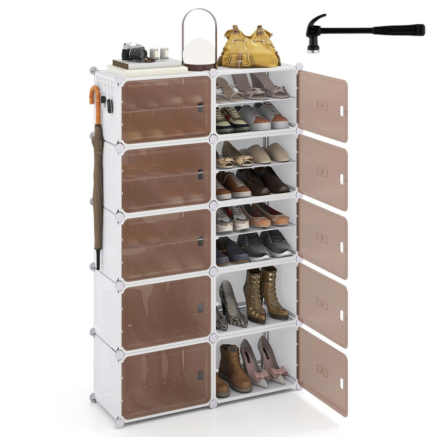 10 Tier Shoe Storage Cabinet with Removable Shelves, a tall white unit with 10 brown doors, some open showing shoes and bags