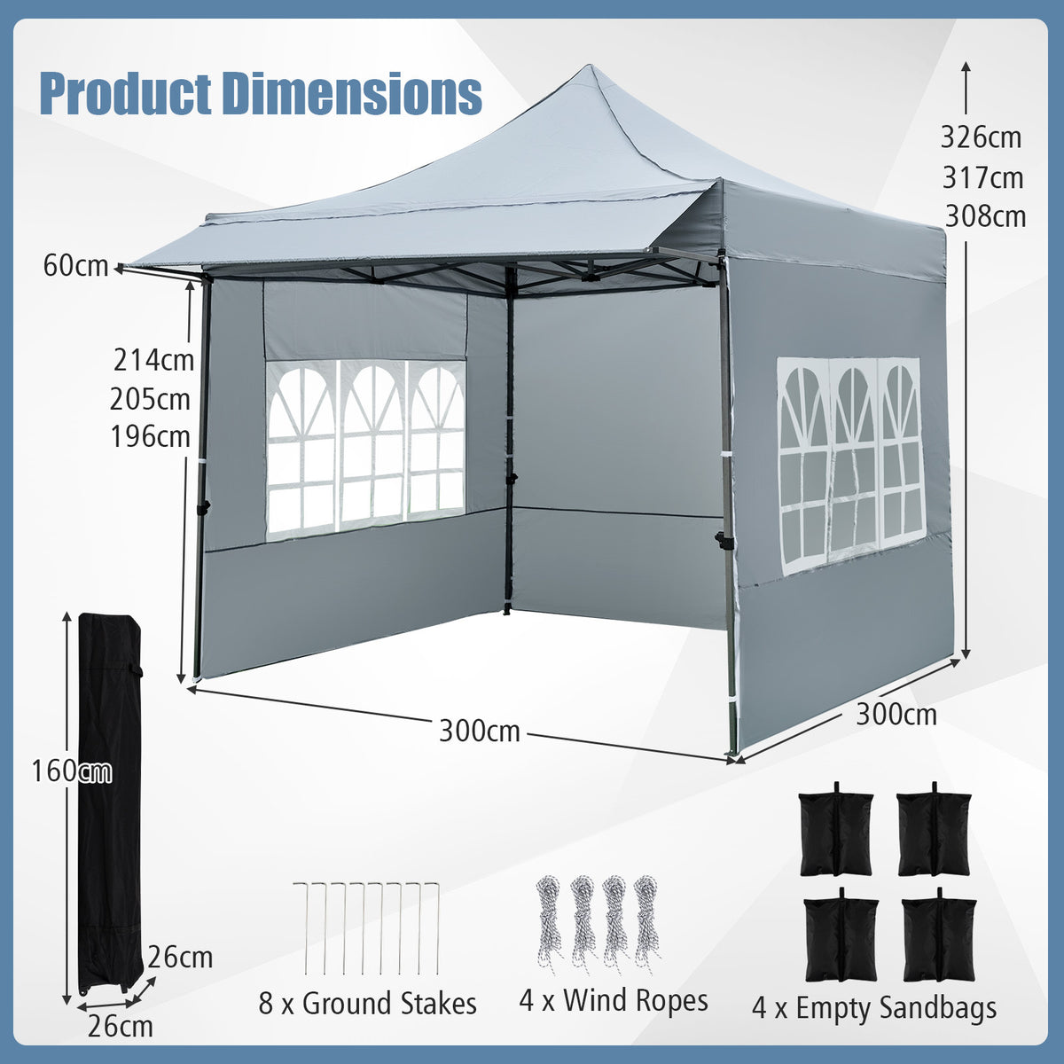10 x 10 Pop Up Canopy Tent with 3 Sidewalls-Grey