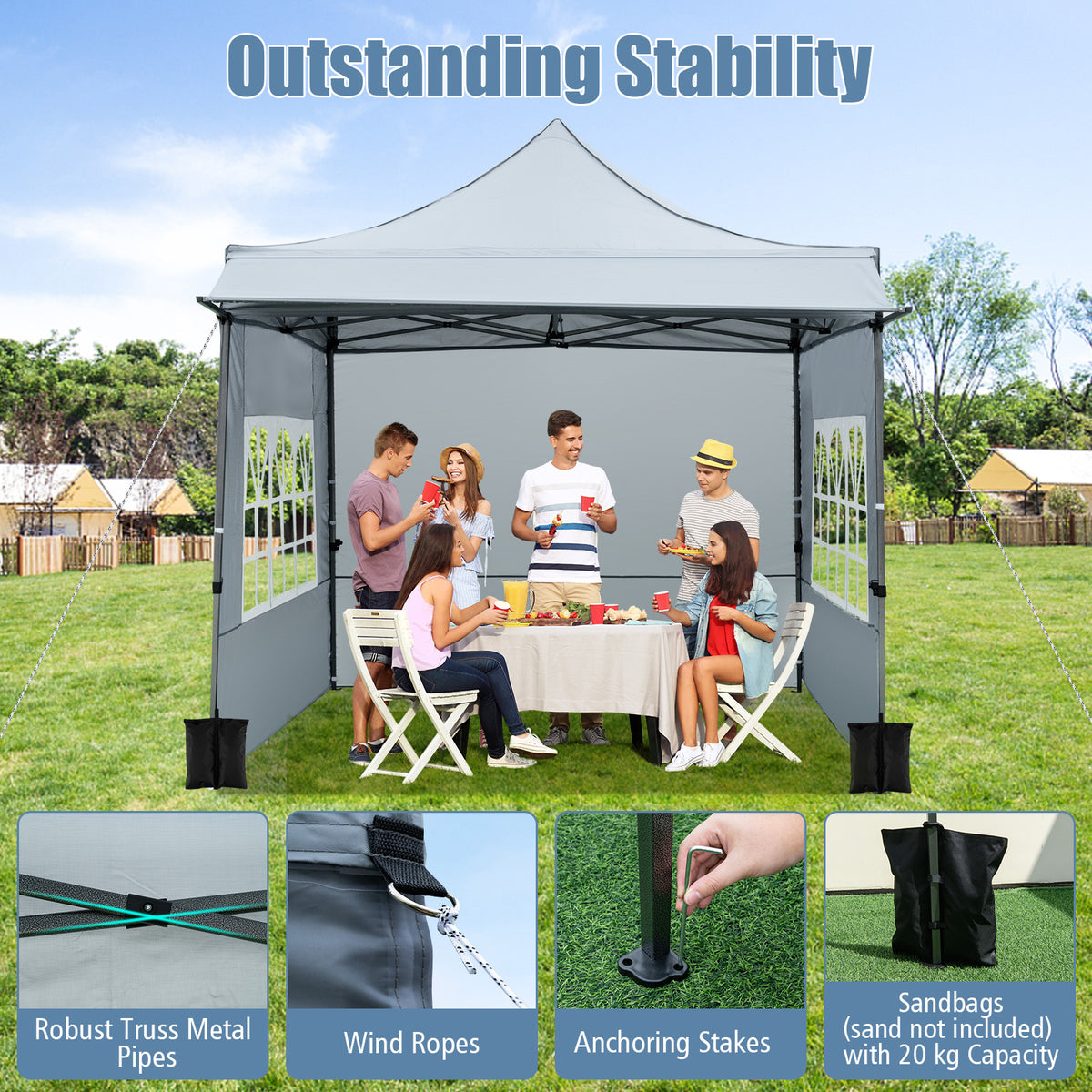 10 x 10 Pop Up Canopy Tent with 3 Sidewalls-Grey