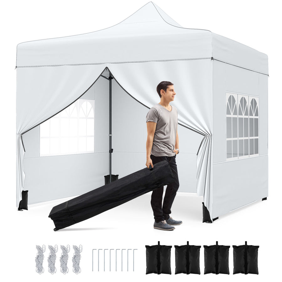 10 x 10 Feet Pop up Canopy Tent with 4 removable sidewalls in white, shown with a man carrying the folded tent bag