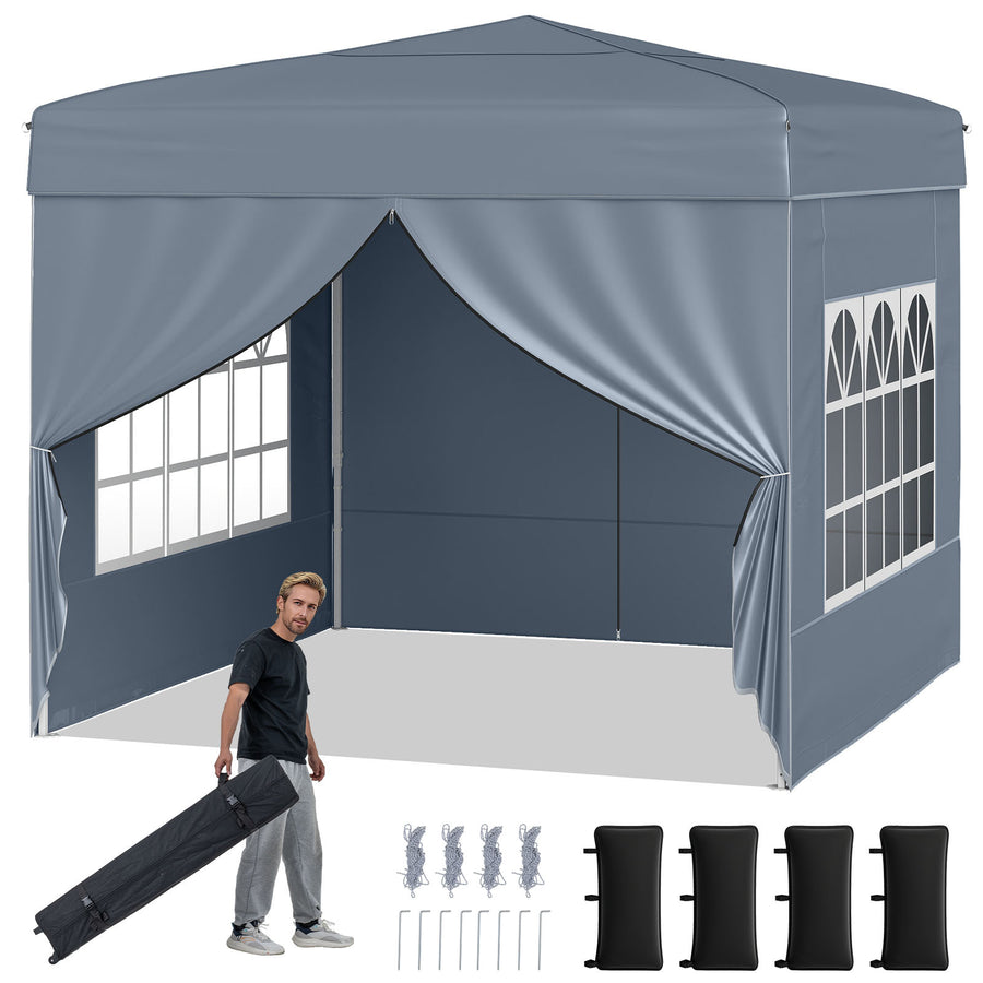 Pop up Canopy Tent with four sidewalls and a man holding a carry bag