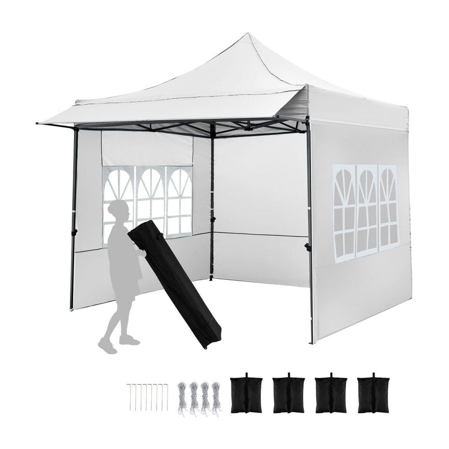 10 x 10 Pop Up Canopy Tent with white sidewalls and a person holding the carry bag