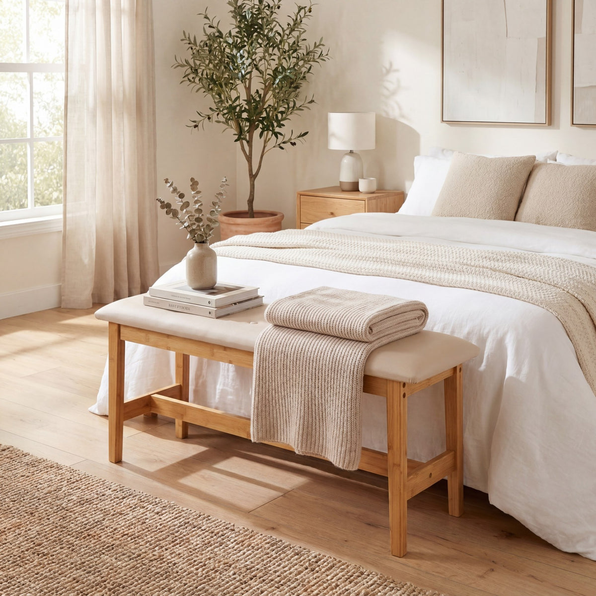 100 CM Button Tufted End of Bamboo Bed Bench with Padded Seat-Natrual