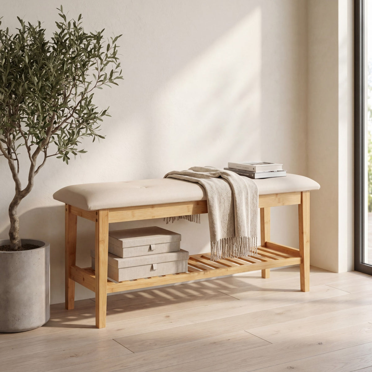 100 CM Button Tufted End of Bamboo Bed Bench with Padded Seat-Natrual