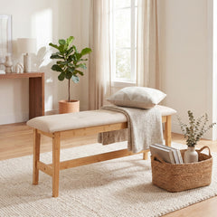100 CM Button Tufted End of Bamboo Bed Bench with Padded Seat-Natrual