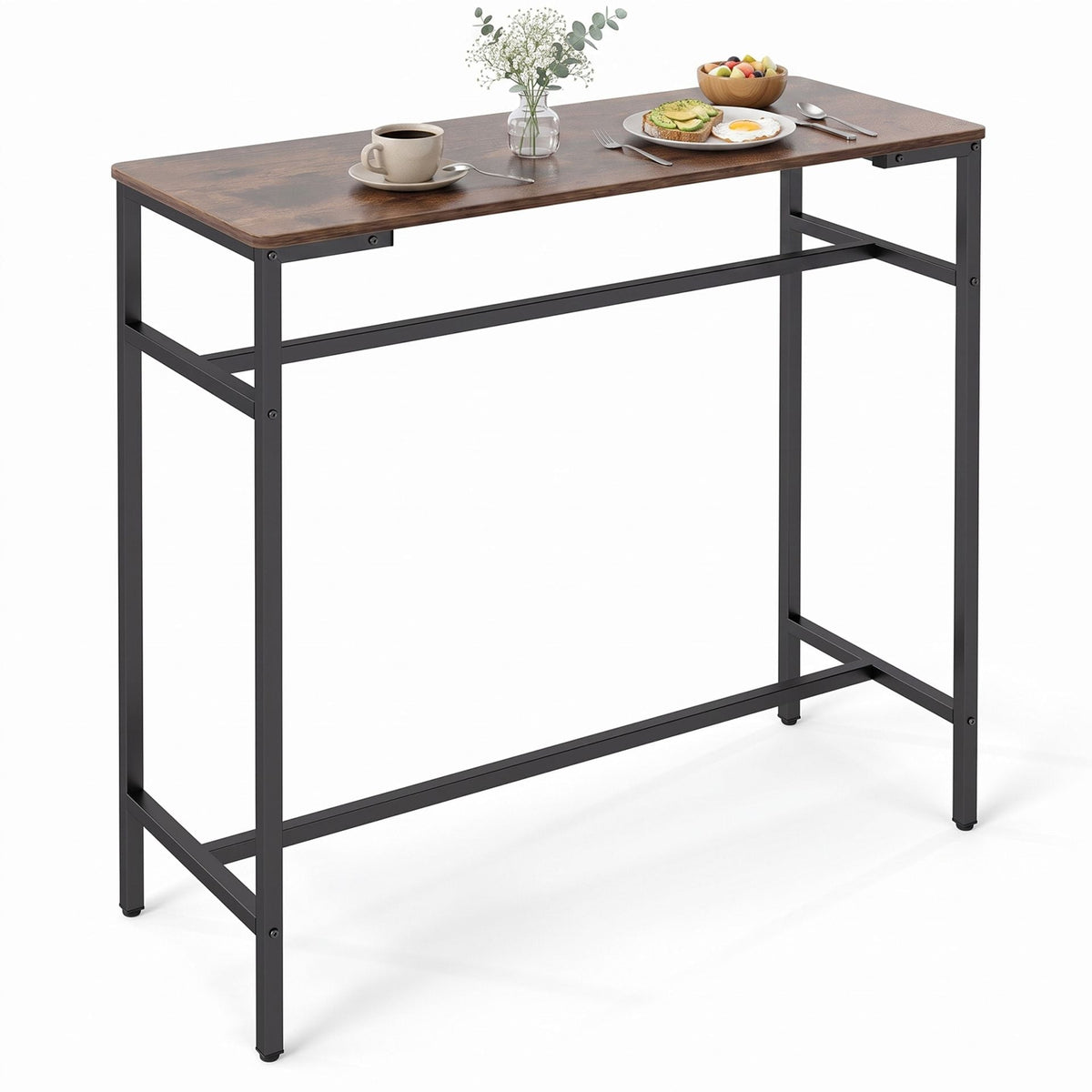 100 cm Long Bar Table with Footrest and Metal Frame for Kitchen Dining Room-Rustic Brown