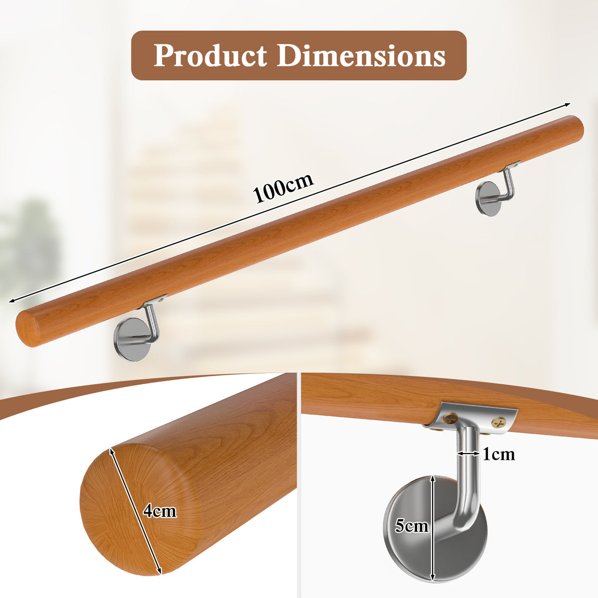 100 cm Stair Railing Indoor with Stainless Steel Wall Brackets