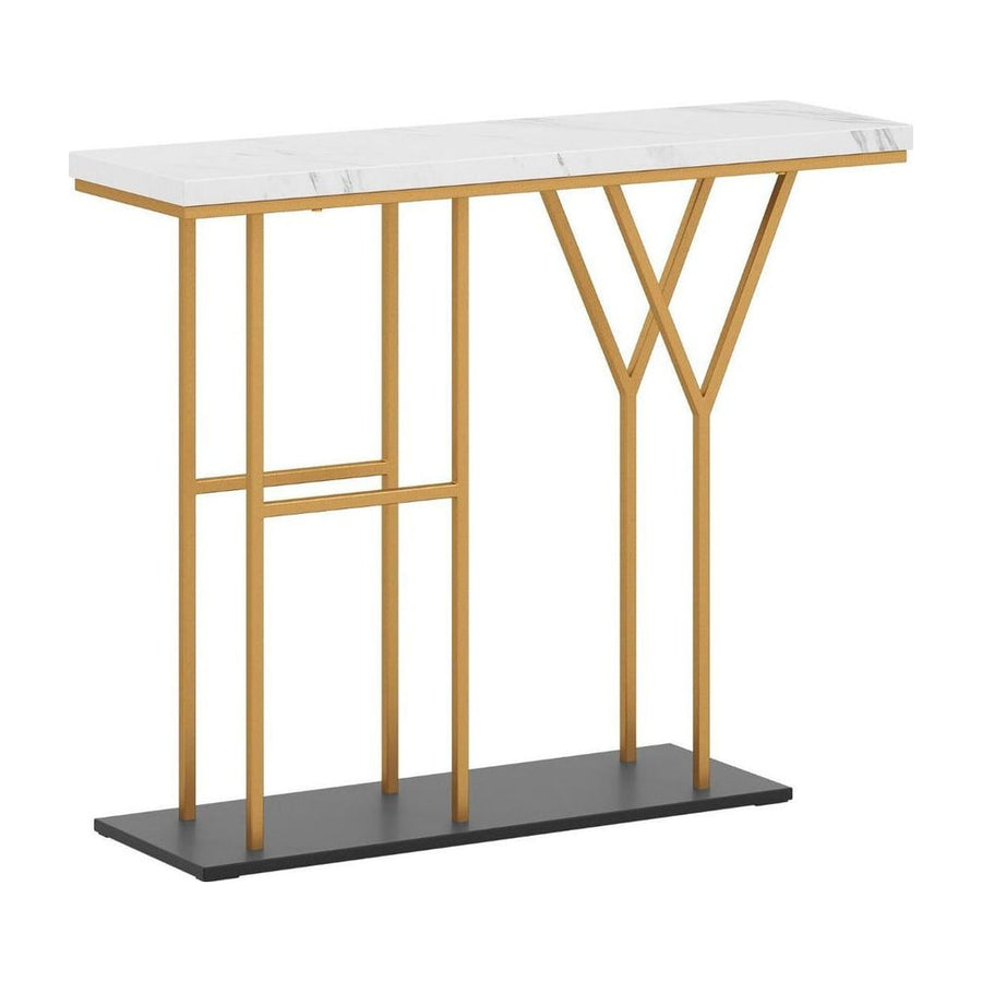100 CM Console Table with a white marble effect top and gold metal frame on a black base