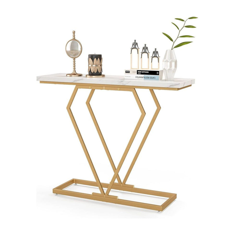 100 cm Gold Console Table with diamond shape geometric frame and white top