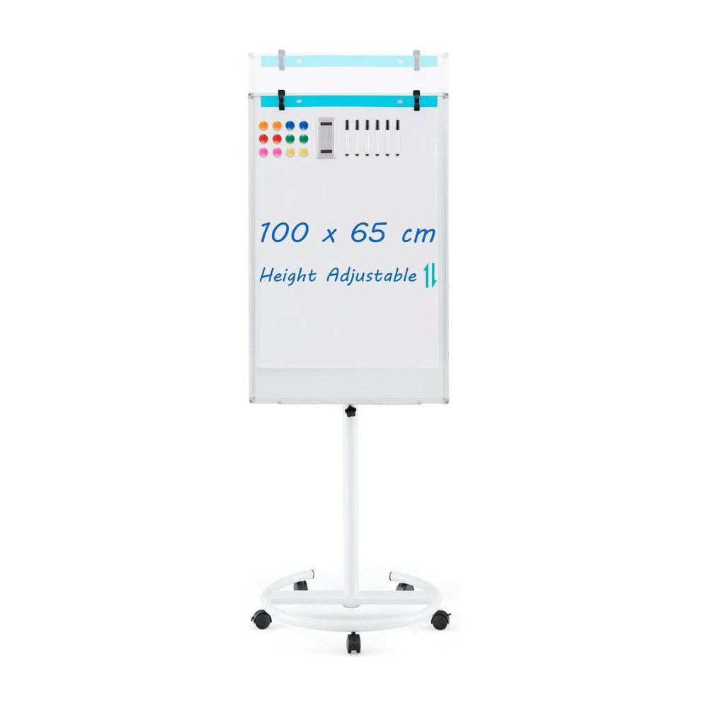 Height-Adjustable Magnetic Whiteboard on Wheels, a white board on a stand with wheels, showing dimensions 100 cm x 65 cm