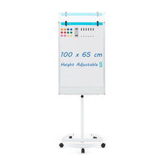 Height-Adjustable Magnetic Whiteboard on Wheels, a white board on a stand with wheels, showing dimensions 100 cm x 65 cm