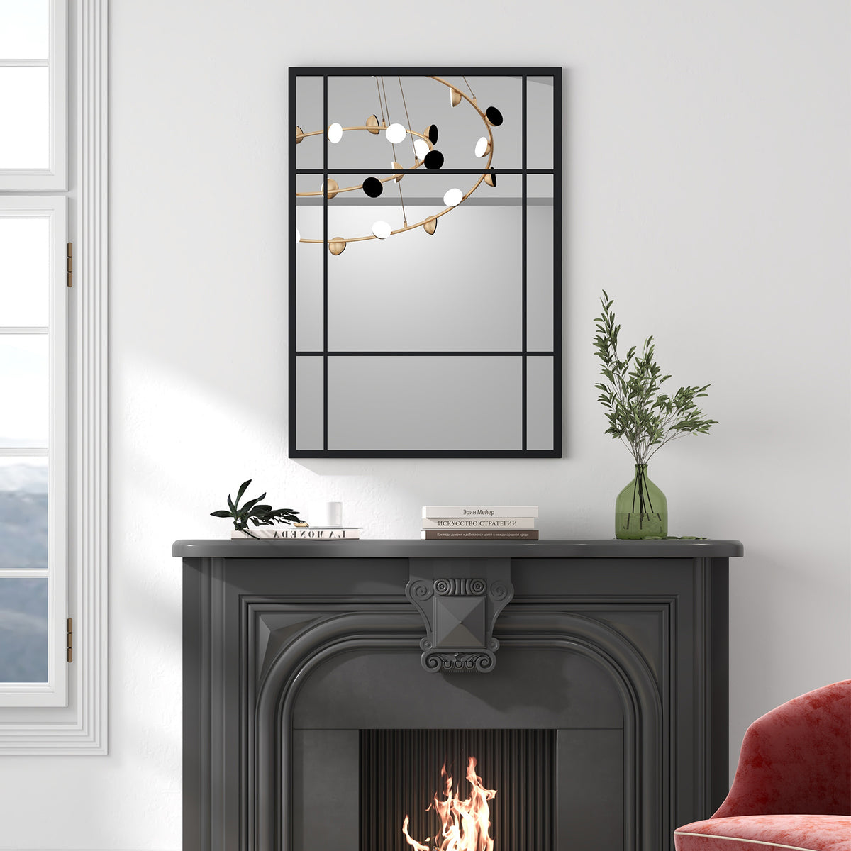 100 cm x 70 cm Wall Mounted Mirror Metal Framed Hanging Mirror for Living Room-Black