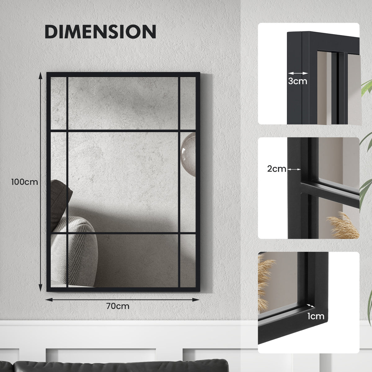 100 cm x 70 cm Wall Mounted Mirror Metal Framed Hanging Mirror for Living Room-Black