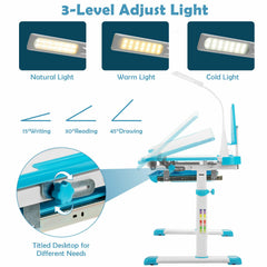 Height Adjustable Kid's Tilted Desk Set with Lamp & Drawer-Blue