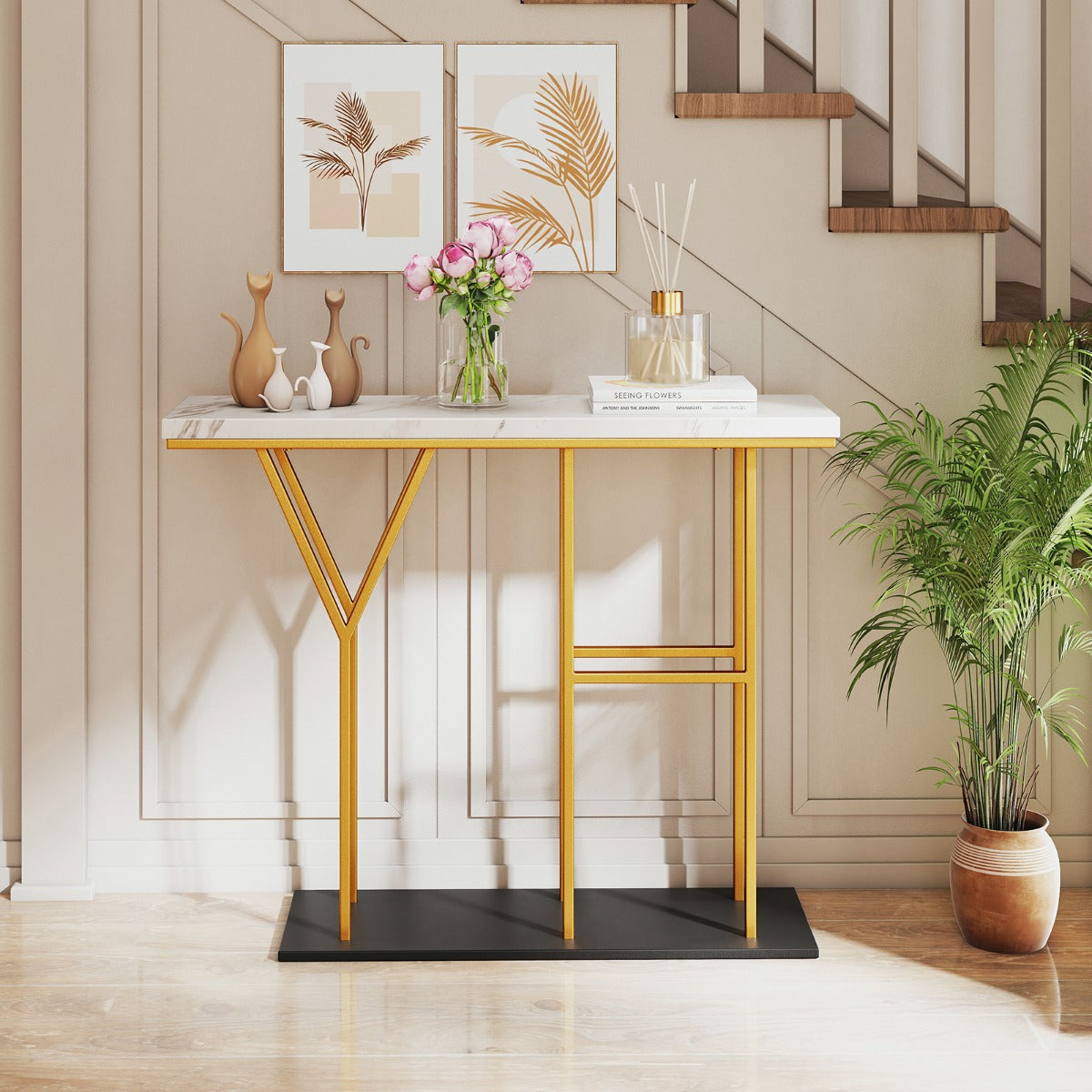 100 CM Console Table with HY-Shaped Metal Frame for Hallway Living Room-White
