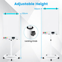 The height-adjustable magnetic whiteboard on wheels showing two height settings and a locking knob
