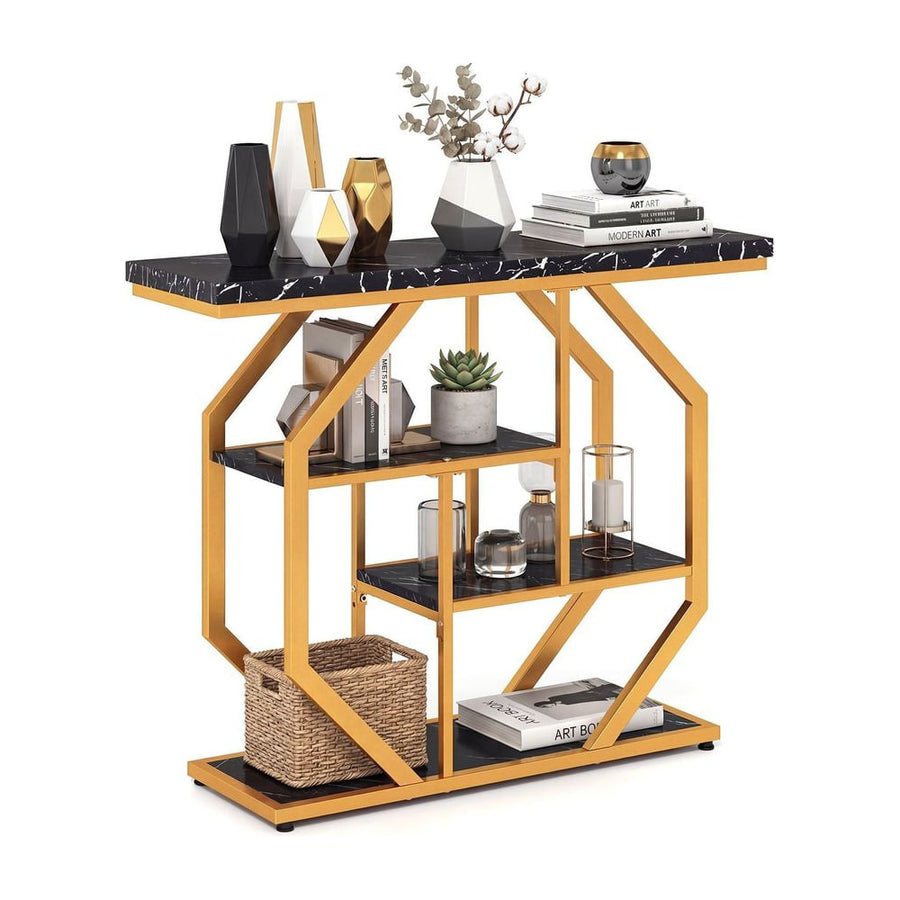 100CM 4-Tier Modern Entryway Table with storage shelves in black and gold with geometric frame