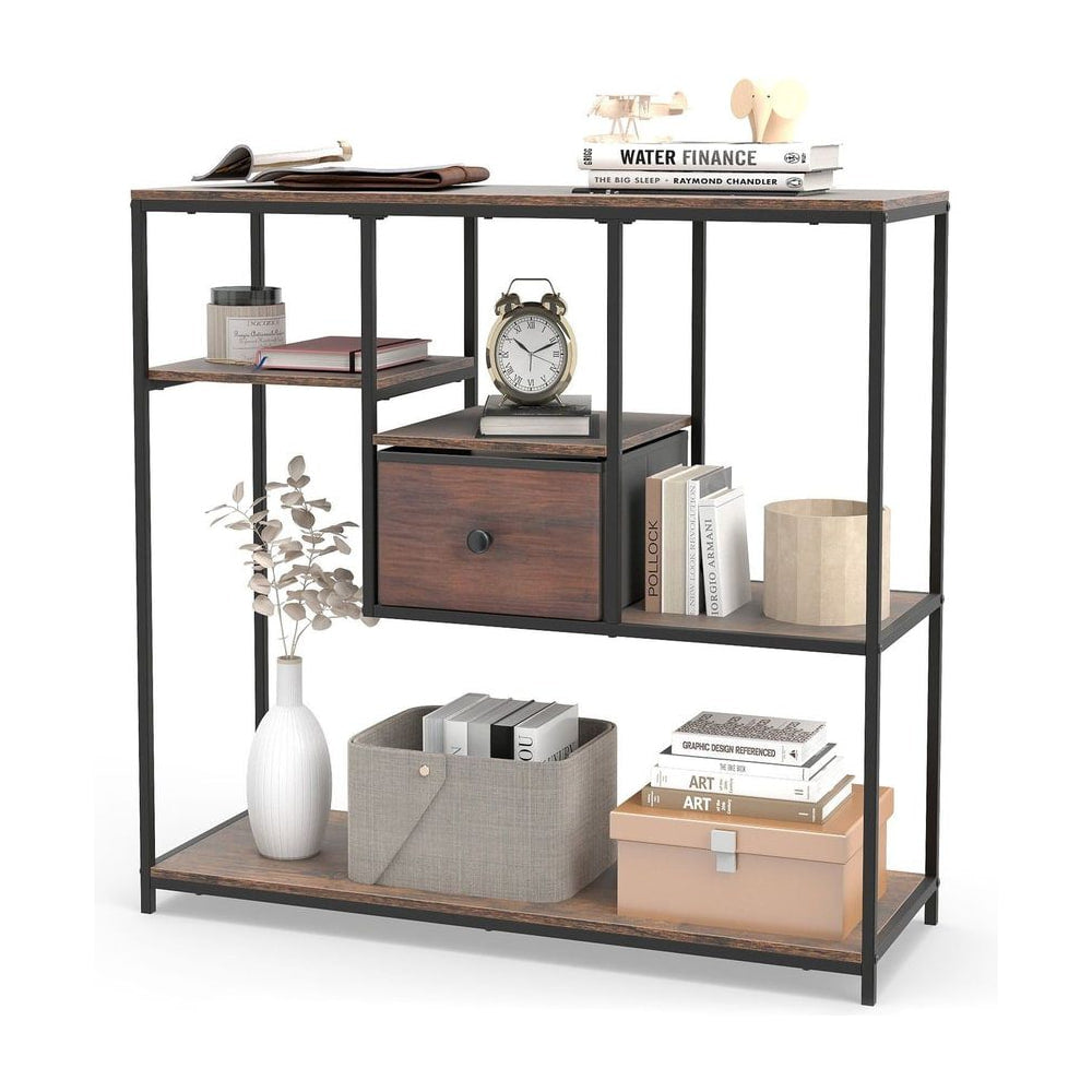 100CM Console Table with a central drawer and multiple open shelves filled with books and decor