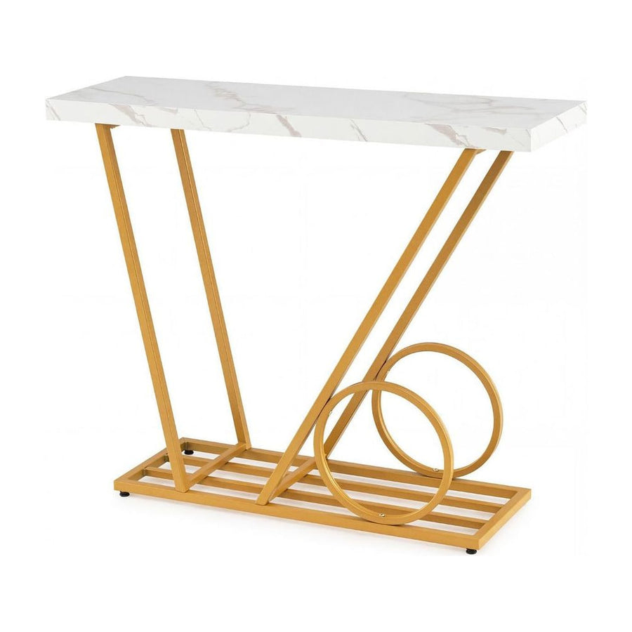 100CM Modern Faux Marble Console Table with Cart-inspired Design, white top and gold legs