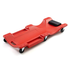 The garage creeper viewed from the opposite side showing the smooth red plastic frame