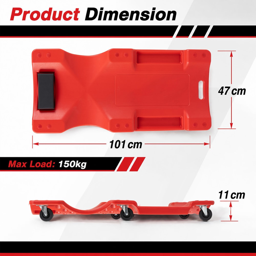 The garage creeper shown with technical diagrams indicating length, width and height