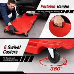 The garage creeper highlighting the integrated handle and the rotating swivel casters