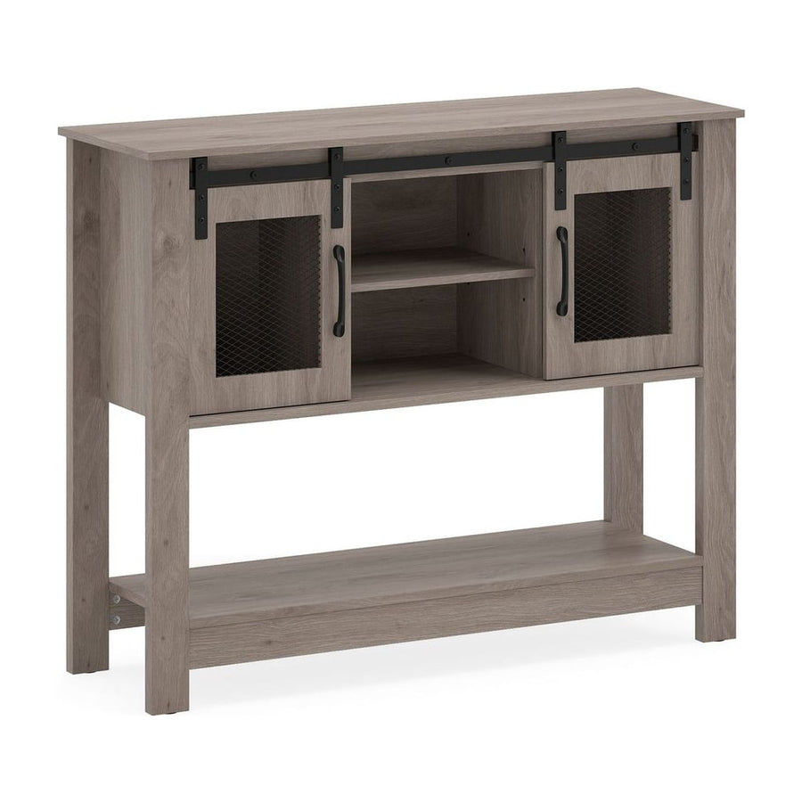 102CM Small Entryway Table with Barn Sliding Doors in grey with mesh panels and a bottom shelf