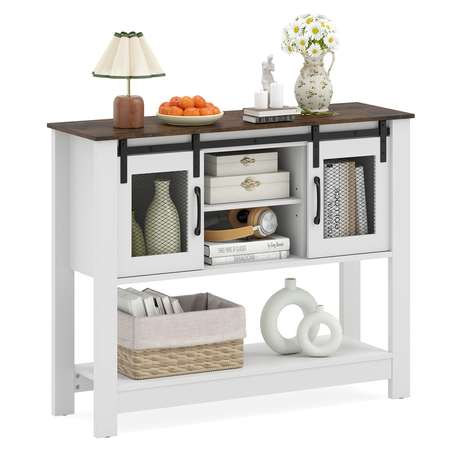 102CM Small Entryway Table with Barn Sliding Doors-Rusticbrown with decor on shelves