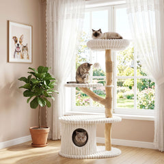 105 CM Tall Modern Cat Tower with Real Wood Branches and Scratching Posts for Cats-Beige