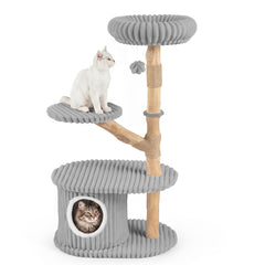 105 CM Tall Modern Cat Tower with Real Wood Branches and Scratching Posts for Cats-Grey