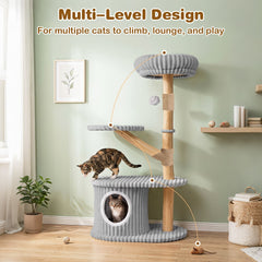 105 CM Tall Modern Cat Tower with Real Wood Branches and Scratching Posts for Cats-Grey